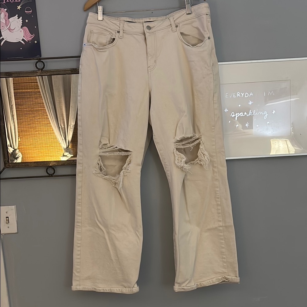 Cream Distressed Baggy Jeans